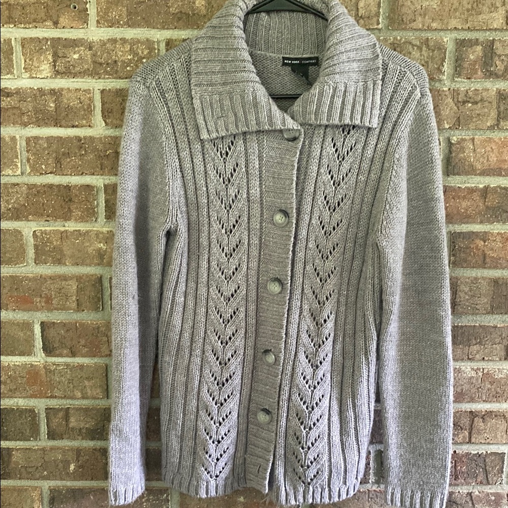 New York & Company Gray Cable Knit Cardigan Sweater